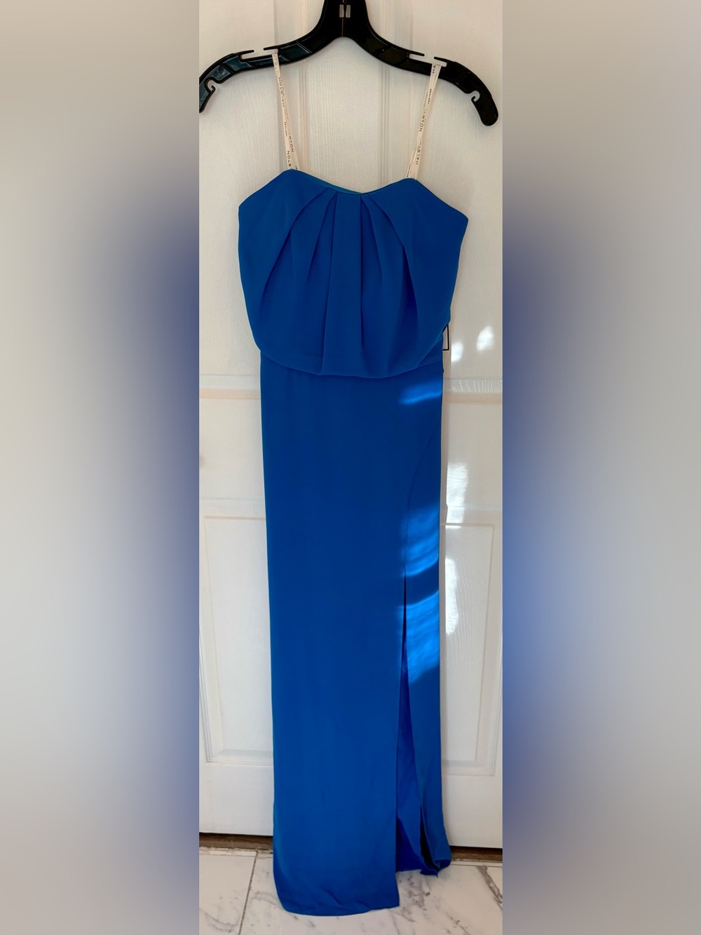 NWT Halston Heritage Strapless Gown with Slit & Cascade Back in Royal Blue